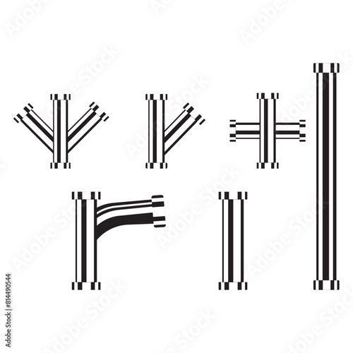 Stainless steel, metallic pipes, plumbing fittings. Water, fuel or gas supply system, oil refinery industry pipeline, house sewer bolted sections, parts isolated, 3d realistic vector illustration set.