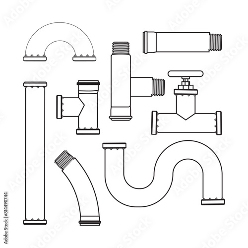Stainless steel, metallic pipes, plumbing fittings. Water, fuel or gas supply system, oil refinery industry pipeline, house sewer bolted sections, parts isolated, 3d realistic vector illustration set