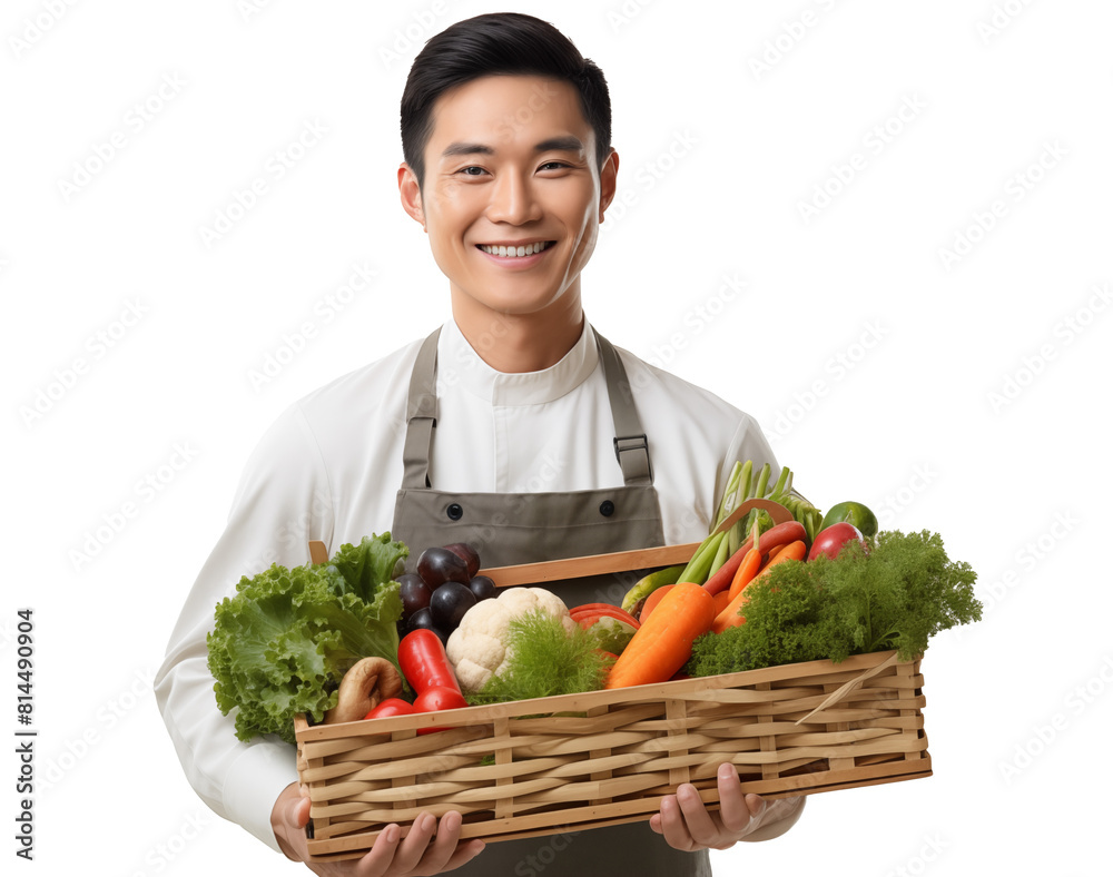chef holding a crate of fresh organic vegetables chef holding a crate of fresh organic vegetables