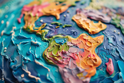 A vibrant and whimsical clay-style illustration depicting the planet Earth with exaggerated, chunky features and a playful array of colors that evoke a childlike, handcrafted aesthetic  photo