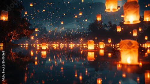 Many soaring aerial lanterns at night over the lake. Beautiful landscape with bright lights outdoors. Concept of nature, light.
