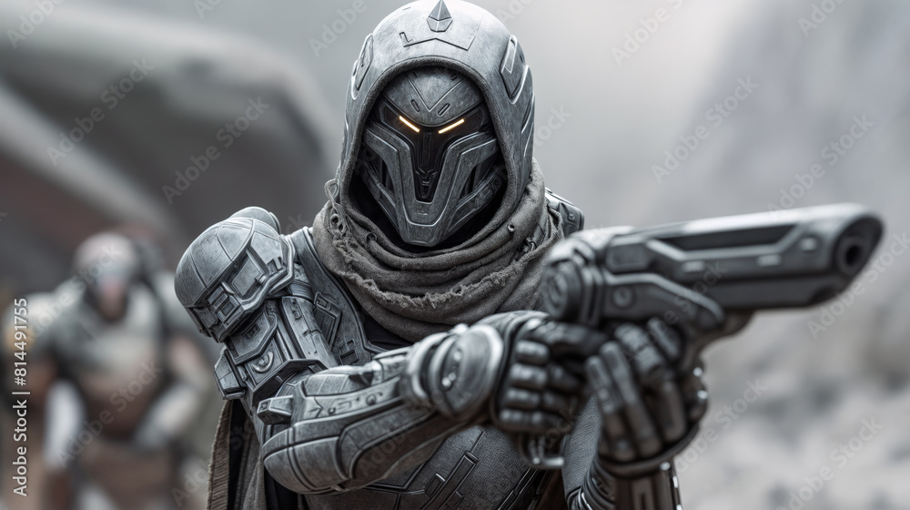 Futuristic soldier in armor ready for combat in a misty dystopian setting Futuristic soldier in armor ready for combat in a misty dystopian setting