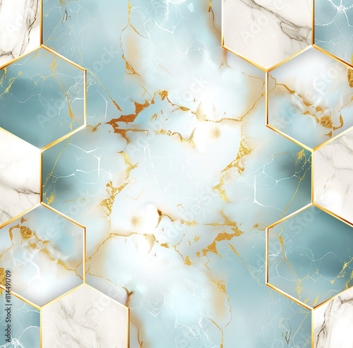 golden hexagons on turquoise marble background, luxury abstraction template with empty space for text filling