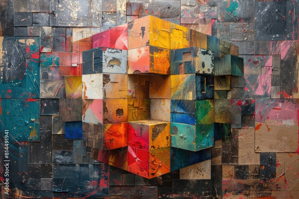 Fototapeta premium Multicolored geometric shapes converge on a wall, creating a vibrant and textured piece of abstract art