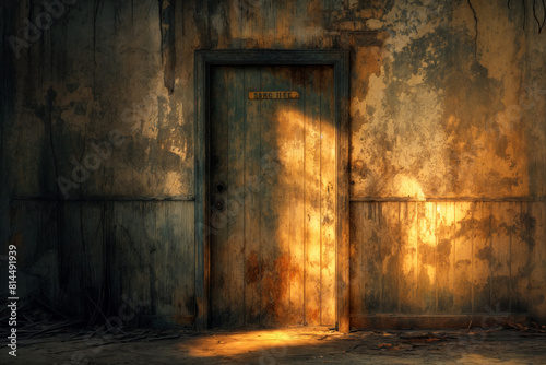 Mysterious old door with eerie light, a symbol of secrets and isolation in a decaying setting