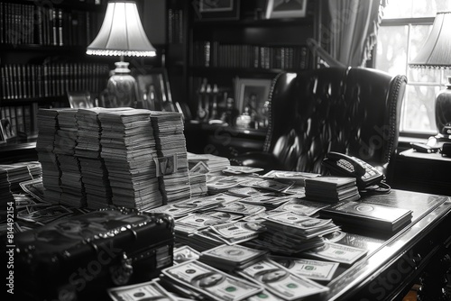 Stacks of dollar bills dominate the scene on a grandiose desk adorned with classic decor in a rich monochrome tone