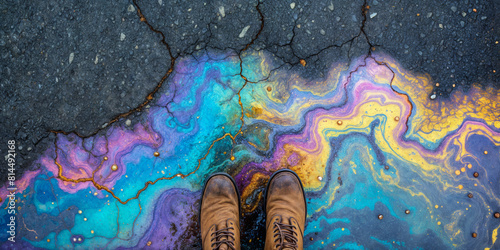 Person stands on cracked, colorful oil-slicked asphalt, urban decay meets unexpected beauty, environmental themes underscored