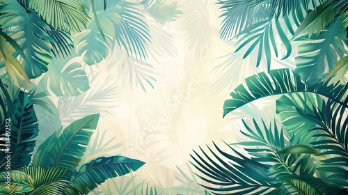 Tropical green leaves forming a frame with central copy space in illustration