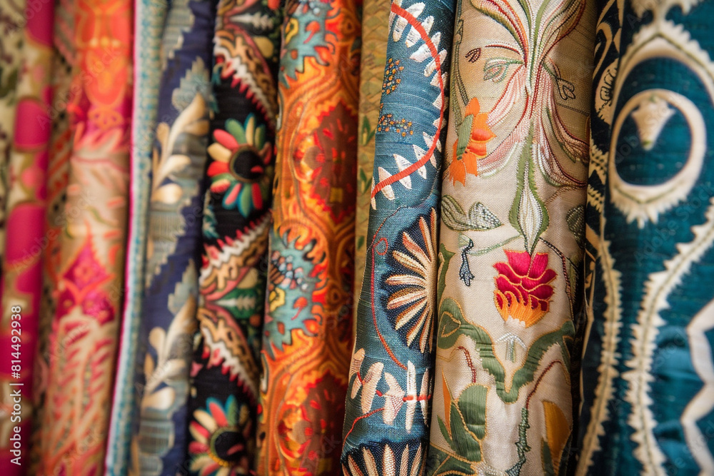 A vibrant display of textile arts showcasing intricate patterns and diverse fabric techniques, exemplifying traditional and contemporary craftsmanship A vibrant display of textile arts showcasing intricate patterns and diverse fabric techniques, exemplifying traditional and contemporary craftsmanship