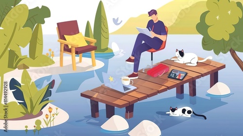 A man sits on a dock in the middle of a lake  sketching on a tablet. A cat sleeps nearby  and a laptop and cup of coffee sit on a table. The sun shines  and birds fly overhead.