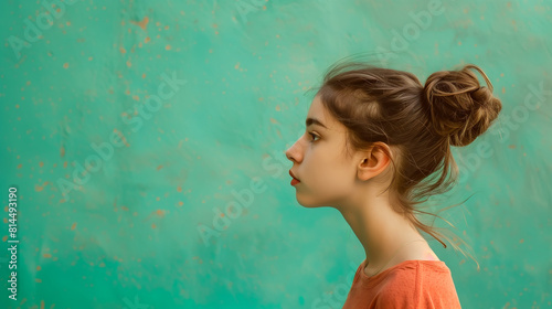 girl looks expressionlessly to the side with green background with free space photo