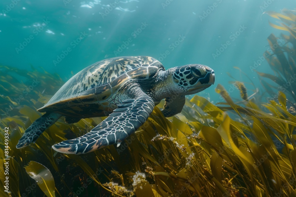 Fototapeta premium A majestic sea turtle gliding gracefully through a forest of swaying sea grass
