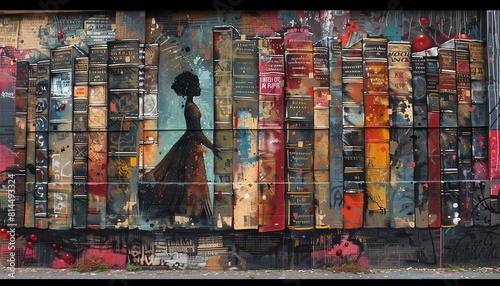 A mural of a woman walking through a library. The books are painted on the wall and the woman is painted in black and white.