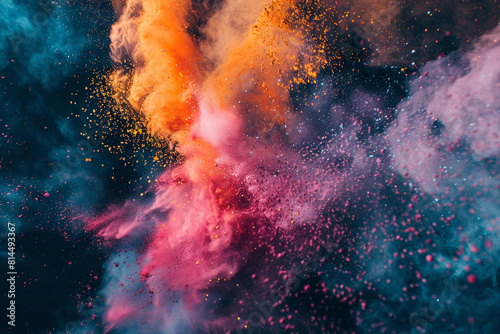 A vibrant eruption of colorful powder against a dark backdrop 