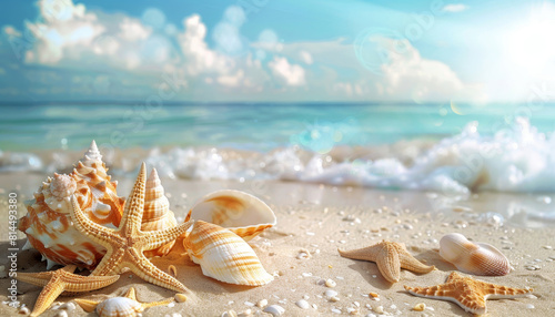 A beach scene with a variety of seashells and starfish scattered across the sand by AI generated image