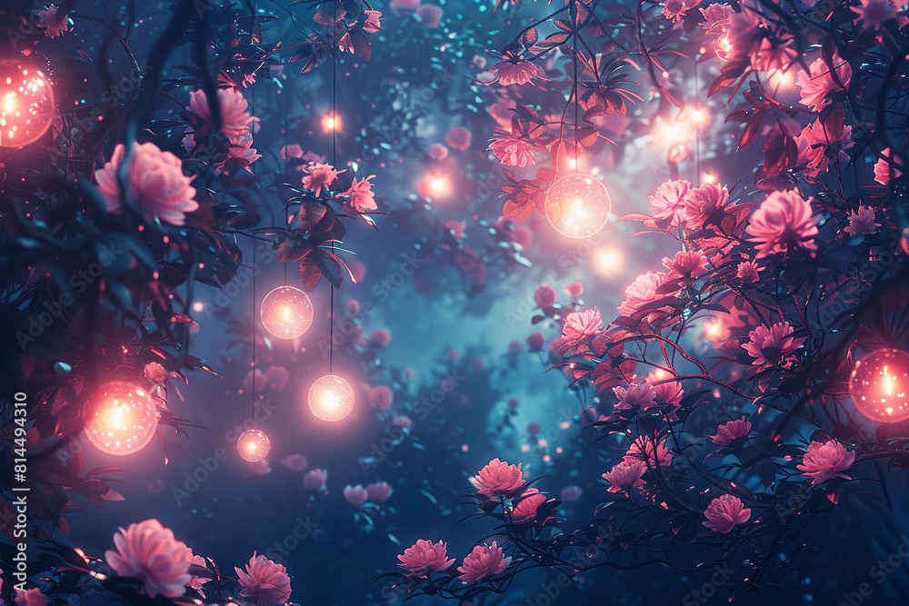 Mystical forest with glowing flowers and floating orbs, top view, enchanted wilderness, Scifi tone, Vivid Mystical forest with glowing flowers and floating orbs, top view, enchanted wilderness, Scifi tone, Vivid