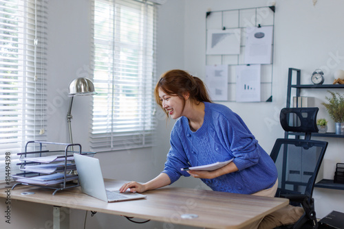 Portrait of happy smile beautiful business asian woman working office desk computer. Small business sme people employee freelance online start up marketing asian designer telemarket successful banner