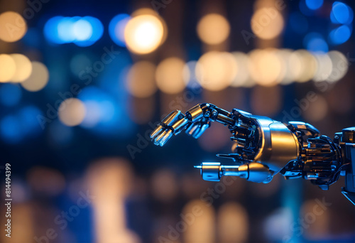 Futuristic sleek metallic blue light robot hand in luminous bokeh background, advanced technology with artificial programming robotic fingers of machine © Designpro