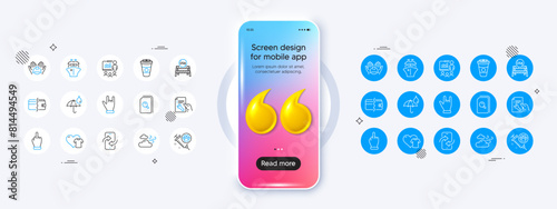 Takeaway coffee, Waterproof umbrella and Builders union line icons. Phone mockup with 3d quotation icon. Pack of Usa close borders, Phone transfer, Repair document icon. Vector