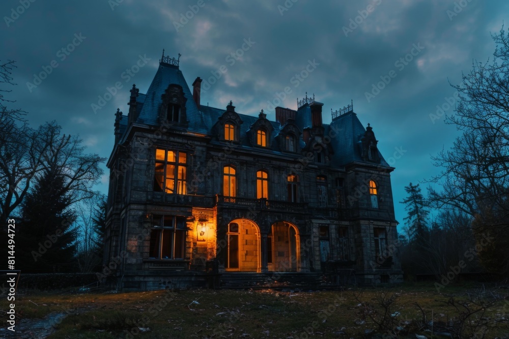 Obraz premium An abandoned mansion at dusk, its crumbling facade illuminated by the eerie glow of twilight
