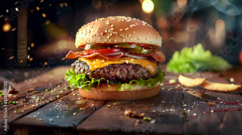 Delicious juicy burger on wood table, meat burger on dark background.