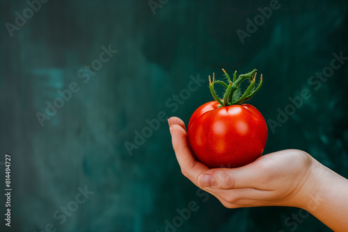 hand holding a juicy red tomato on a calming dark green background