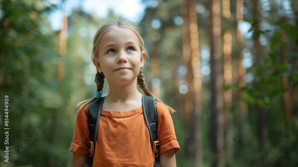 Little girl with a backpack in the forest Little girl with a backpack in the forest