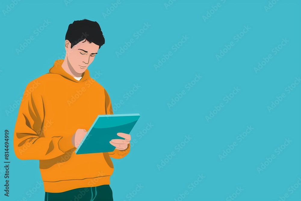 illustration of a man using a tablet on a blue background with copy space illustration of a man using a tablet on a blue background with copy space