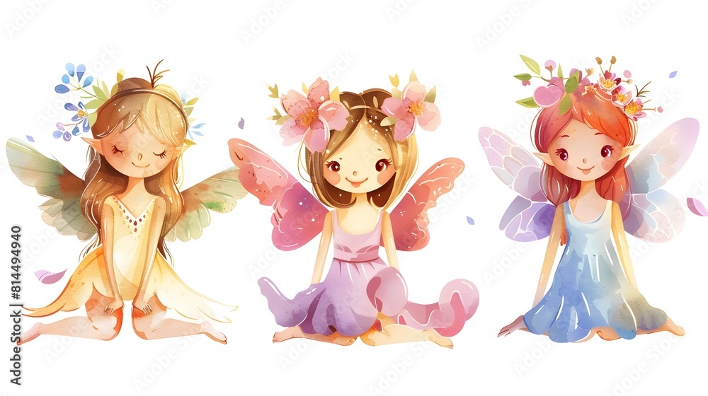 Three Adorable Fairy Girls in Whimsical Nature Scene Three Adorable Fairy Girls in Whimsical Nature Scene