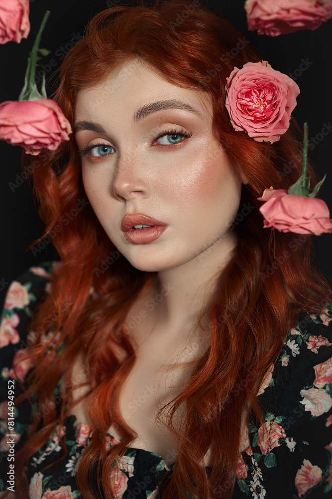 Naklejka premium Woman with red hair, pink rose near her face, beauty face cosmetic makeup