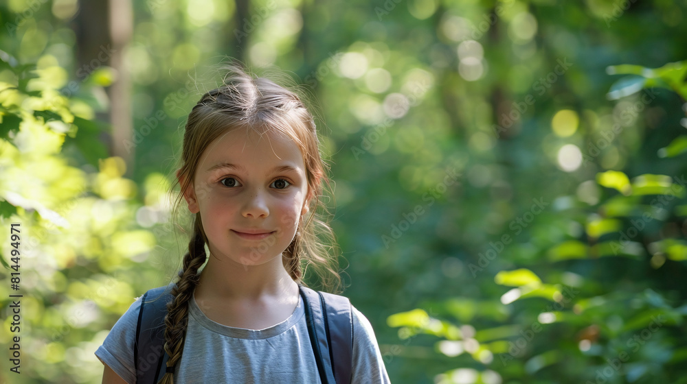 Little girl with a backpack in the forest Little girl with a backpack in the forest