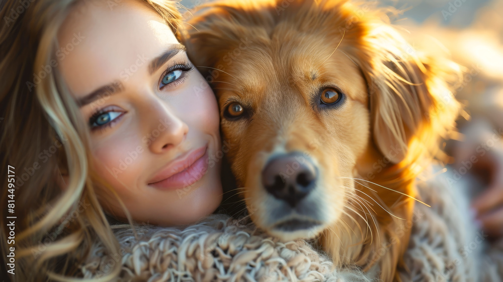 Smiling young woman hugging her dog on the beach Smiling young woman hugging her dog on the beach