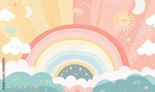 Cute pastel rainbow background with sun  clouds and rainbows vector presentation design template for powerpoint or slide