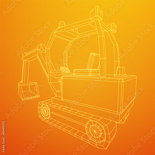 Heavy equipment excavator machine manufacturing power equipment for open pit mining. Wireframe low poly mesh vector illustration