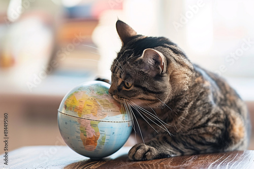A cat playing with a globe with copy space