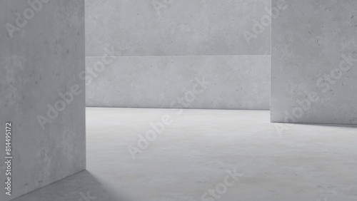 Clean lines and angles of concrete walls forming an architecturally minimalist corner. 3d render