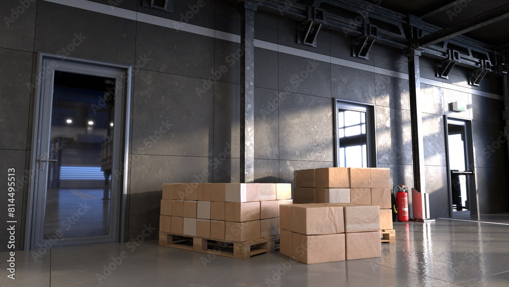 Clean warehouse with pallets and packages. Sunlight streams through large windows. 3d render Clean warehouse with pallets and packages. Sunlight streams through large windows. 3d render