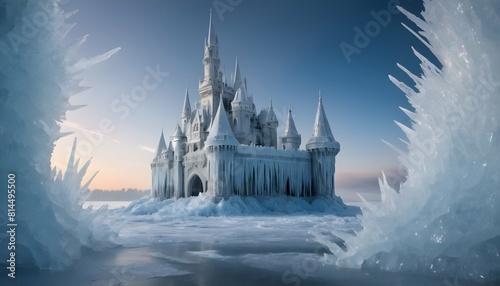 A magical castle encased in ice with intricate fr