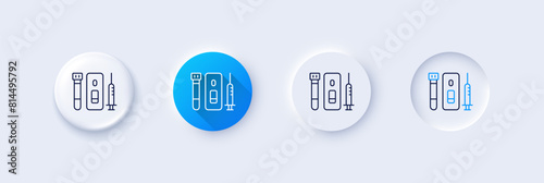 Vaccine syringe line icon. Neumorphic, Blue gradient, 3d pin buttons. Coronavirus Blood and Saliva test sign. Vaccination symbol. Line icons. Neumorphic buttons with outline signs. Vector