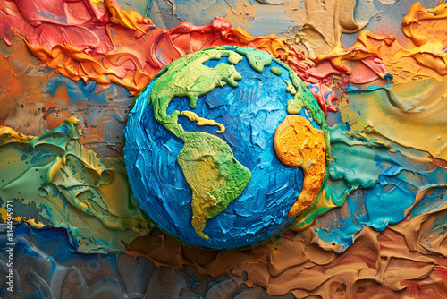 A vibrant  chunky clay-style illustration depicting planet Earth with a textured  handcrafted look  featuring bright  playful colors that appeal to a child-friendly aesthetic 