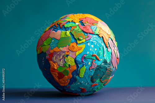 A vibrant  chunky clay-style illustration depicting planet Earth with a textured  handcrafted look  featuring bright  playful colors that appeal to a child-friendly aesthetic 