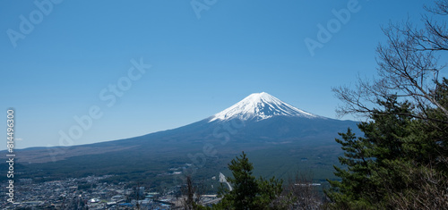Fuji Mountain in Japan  snow capped peak in Spring  blue clear sky