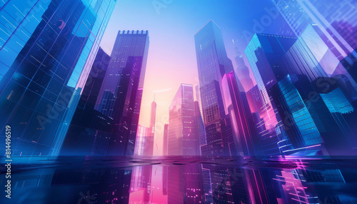 A cityscape with a bright blue sky and neon lights by AI generated image