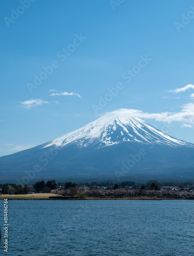 Fuji Mountain and Lake kawaguchiko Japan  blue sky in Spring