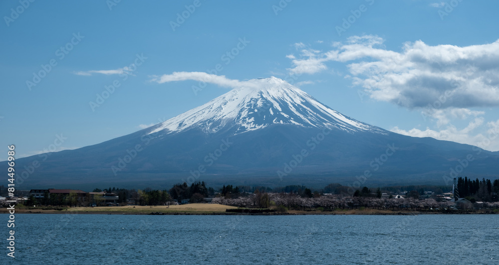 Fuji Mountain and Lake kawaguchiko Japan, blue sky in Spring