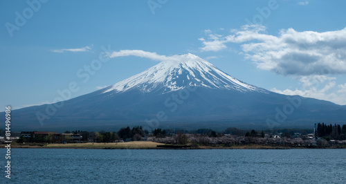 Fuji Mountain and Lake kawaguchiko Japan  blue sky in Spring