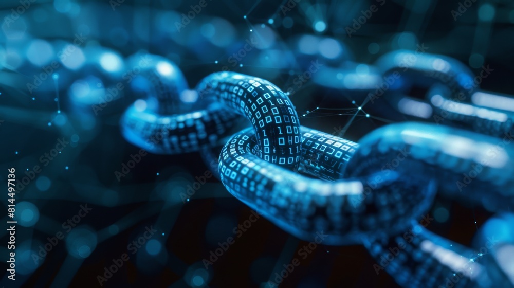 A close-up visualization of a blockchain with encrypted numeric data, symbolizing cybersecurity and technology.