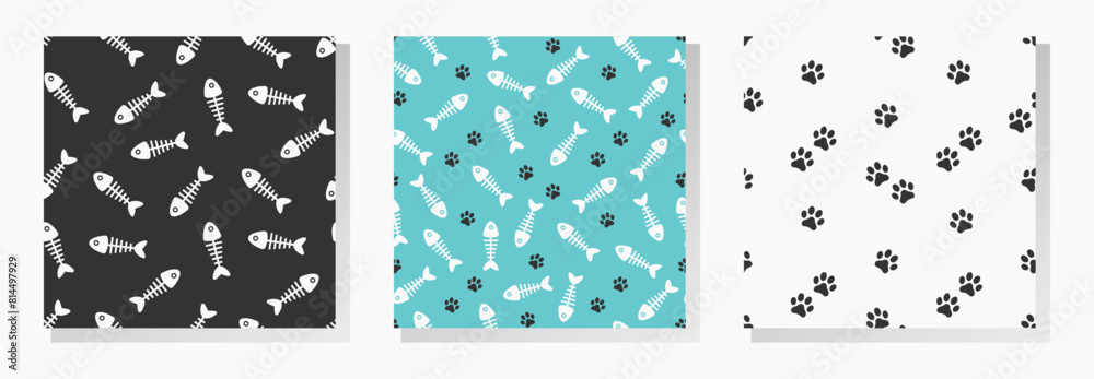 Black cat's paws prints and fish bones. Vector seamless patterns collection.