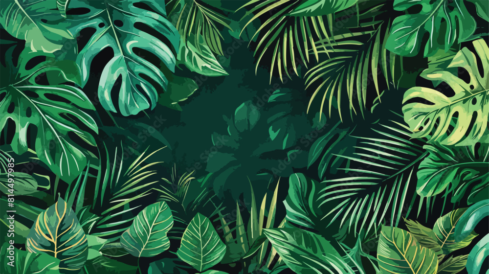 Horizontal background with green leaves of tropical