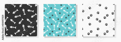 Black cat's paws prints and fish bones. Vector seamless patterns collection.